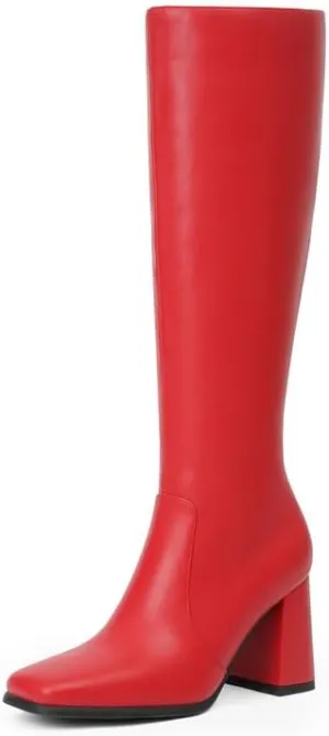 Modatope Knee High Boots Women Chunky Heel Square Toe Tall Boot for Women High Heel Side Zipper Long Boots
