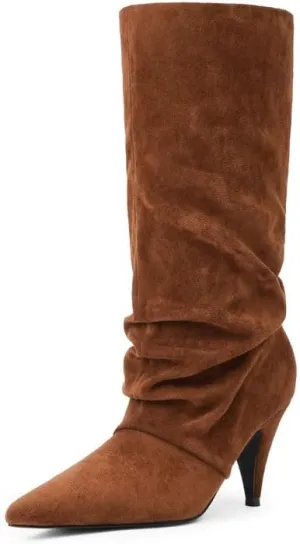 Modatope Slouchy Mid Calf Boots for Women Pointed Toe Chunky Heel Boots Faux Flod Over Slip on Womens Boots
