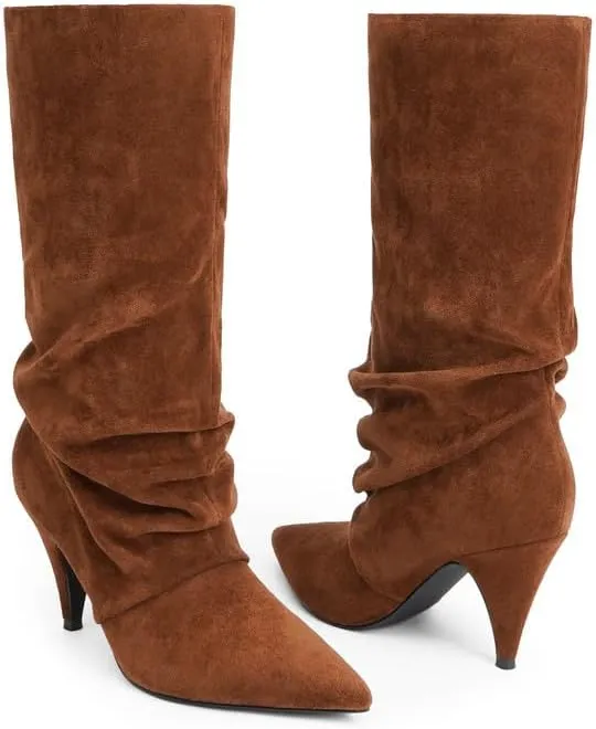 Modatope Slouchy Mid Calf Boots for Women Pointed Toe Chunky Heel Boots Faux Flod Over Slip on Womens Boots