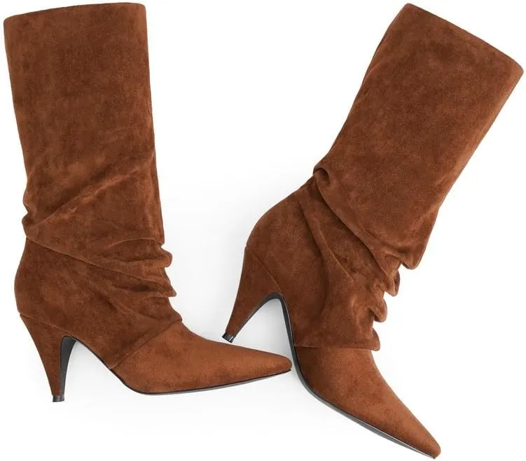 Modatope Slouchy Mid Calf Boots for Women Pointed Toe Chunky Heel Boots Faux Flod Over Slip on Womens Boots