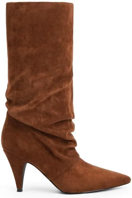 Modatope Slouchy Mid Calf Boots for Women Pointed Toe Chunky Heel Boots Faux Flod Over Slip on Womens Boots