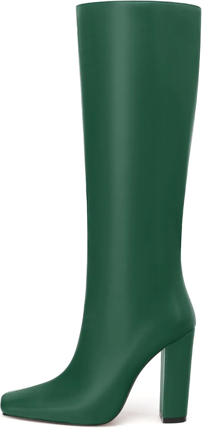 MODENCOCO Knee High Boots Women Chunky Block Heel Square Toe Dress Tall Boots for Women High Heel GoGo Long Boots Matte Fashion Sexy Casual Fall Winter