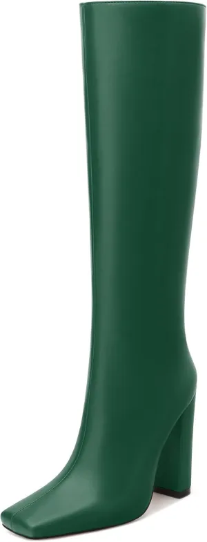MODENCOCO Knee High Boots Women Chunky Block Heel Square Toe Dress Tall Boots for Women High Heel GoGo Long Boots Matte Fashion Sexy Casual Fall Winter