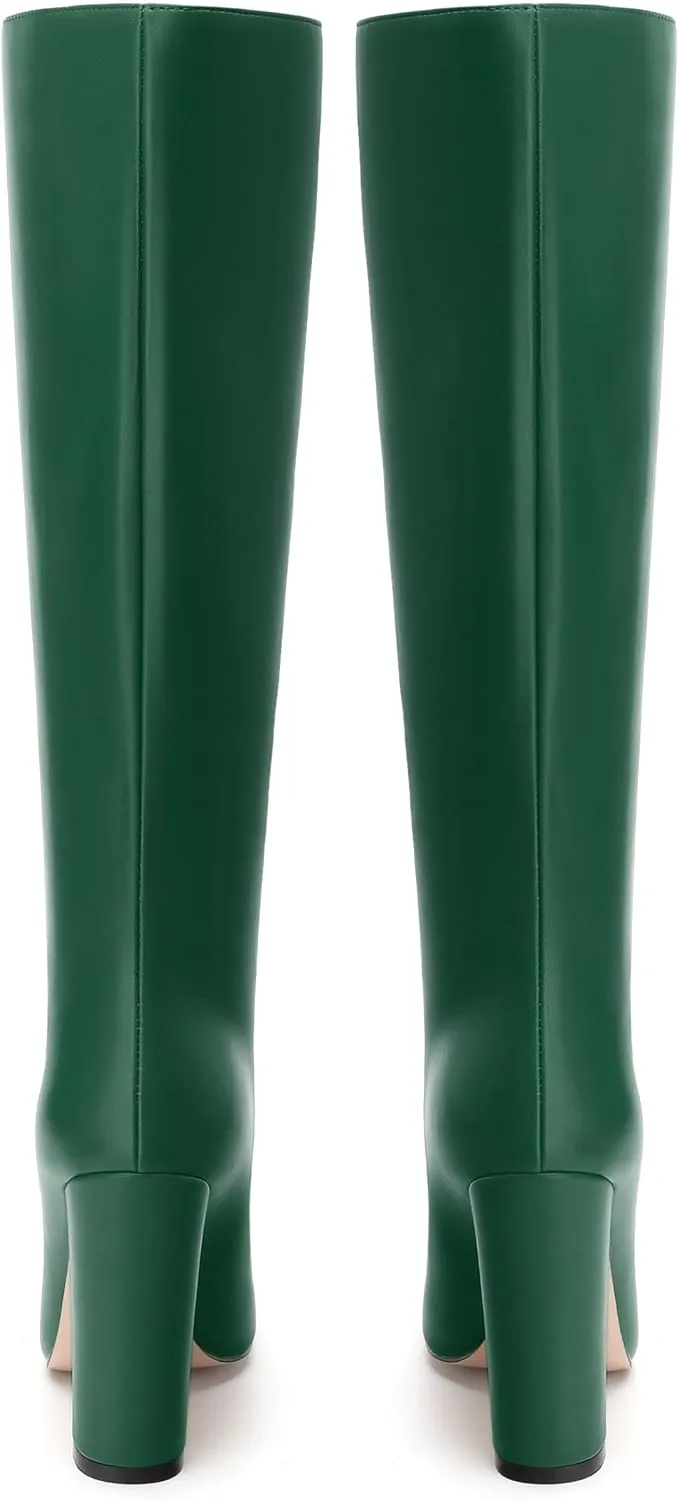 MODENCOCO Knee High Boots Women Chunky Block Heel Square Toe Dress Tall Boots for Women High Heel GoGo Long Boots Matte Fashion Sexy Casual Fall Winter