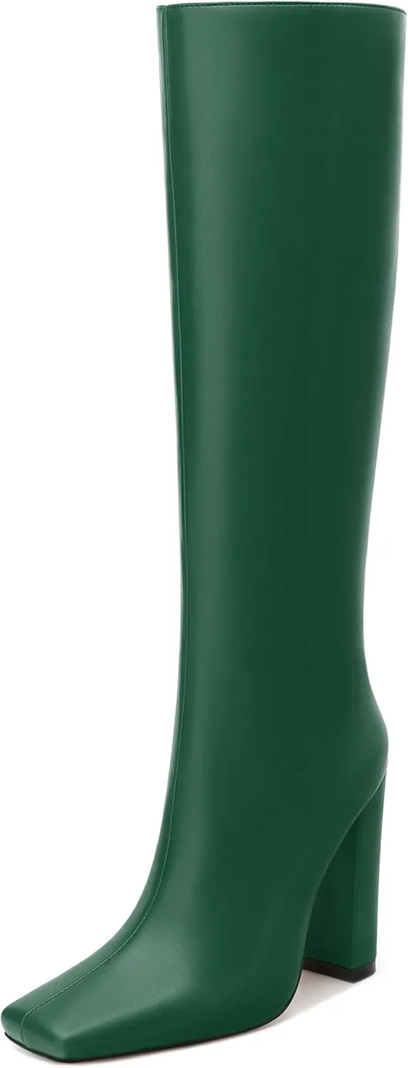 MODENCOCO Knee High Boots Women Chunky Block Heel Square Toe Dress Tall Boots for Women High Heel GoGo Long Boots Matte Fashion Sexy Casual Fall Winter