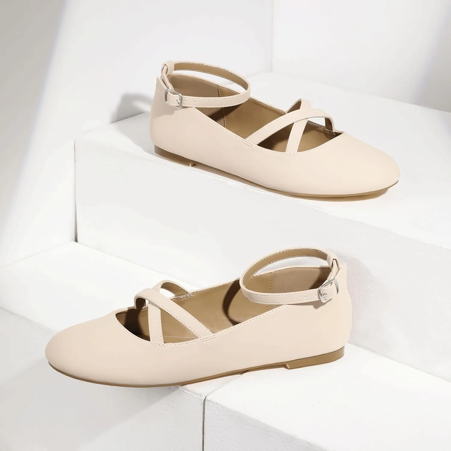 Mofri ShowHow Womens Mary Jane Flats Round Toe Mary Jane Shoes Ankle Strap Ballet Flats Shoes Wedding Casual Office Dress Shoes