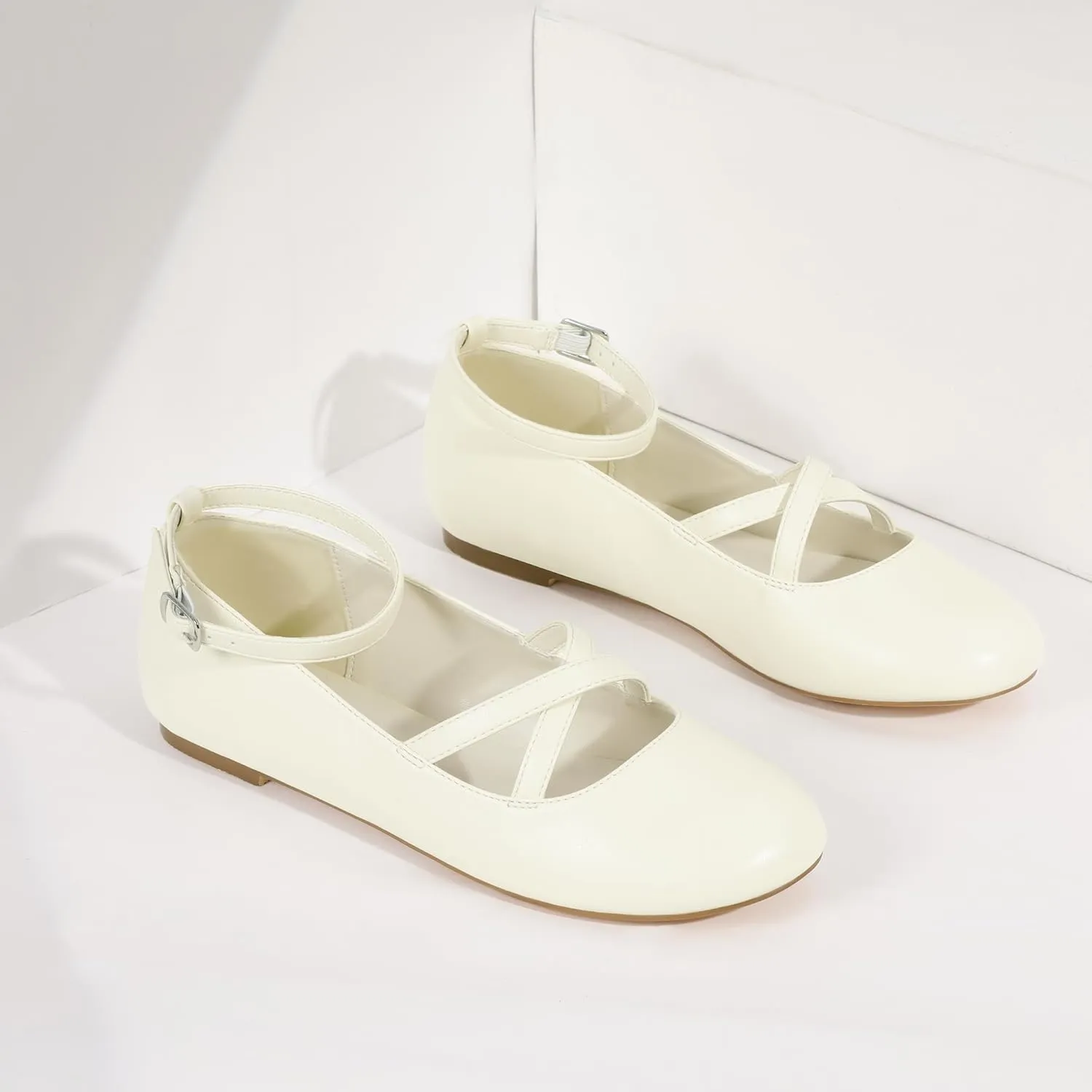 Mofri ShowHow Womens Mary Jane Flats Round Toe Mary Jane Shoes Ankle Strap Ballet Flats Shoes Wedding Casual Office Dress Shoes