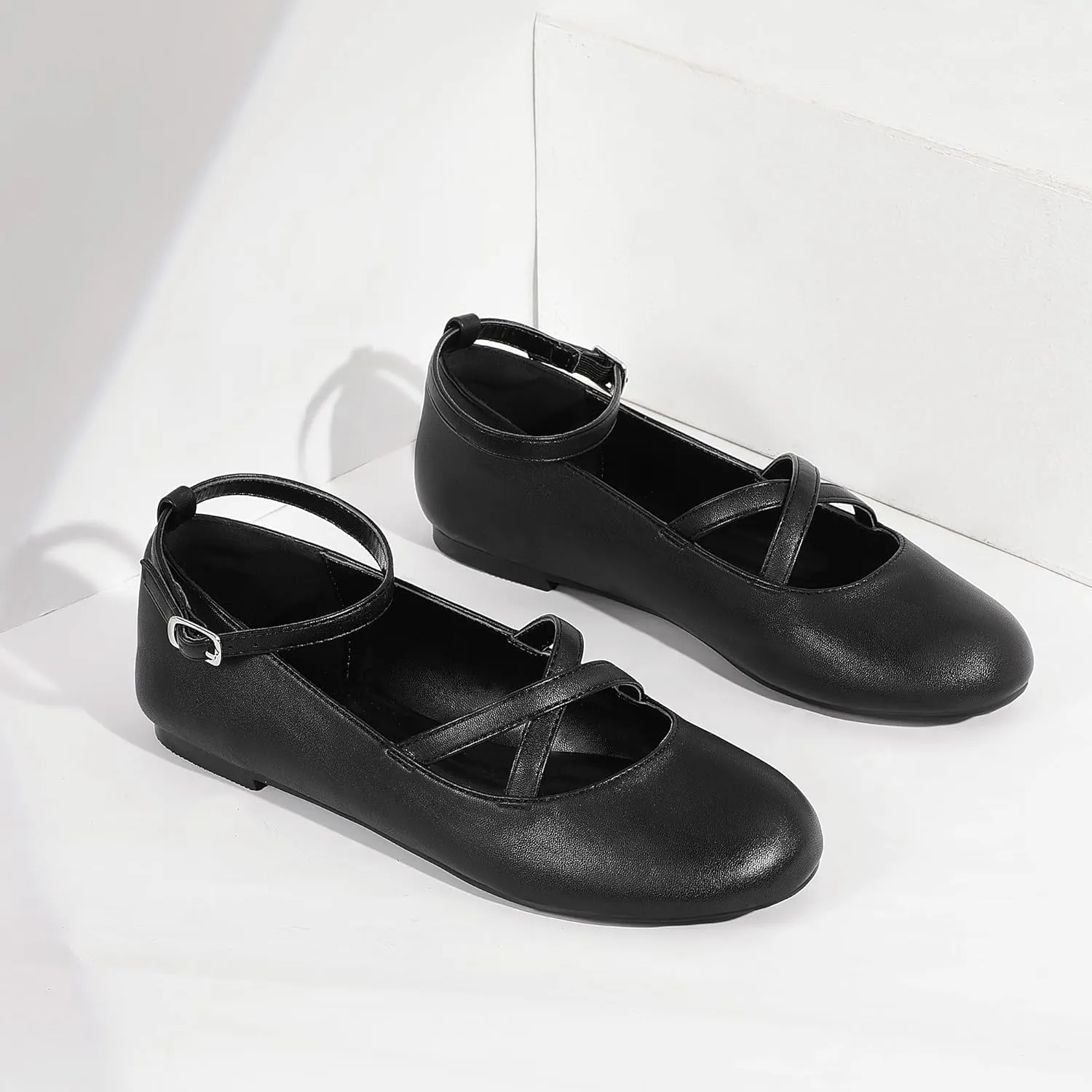Mofri ShowHow Womens Mary Jane Flats Round Toe Mary Jane Shoes Ankle Strap Ballet Flats Shoes Wedding Casual Office Dress Shoes
