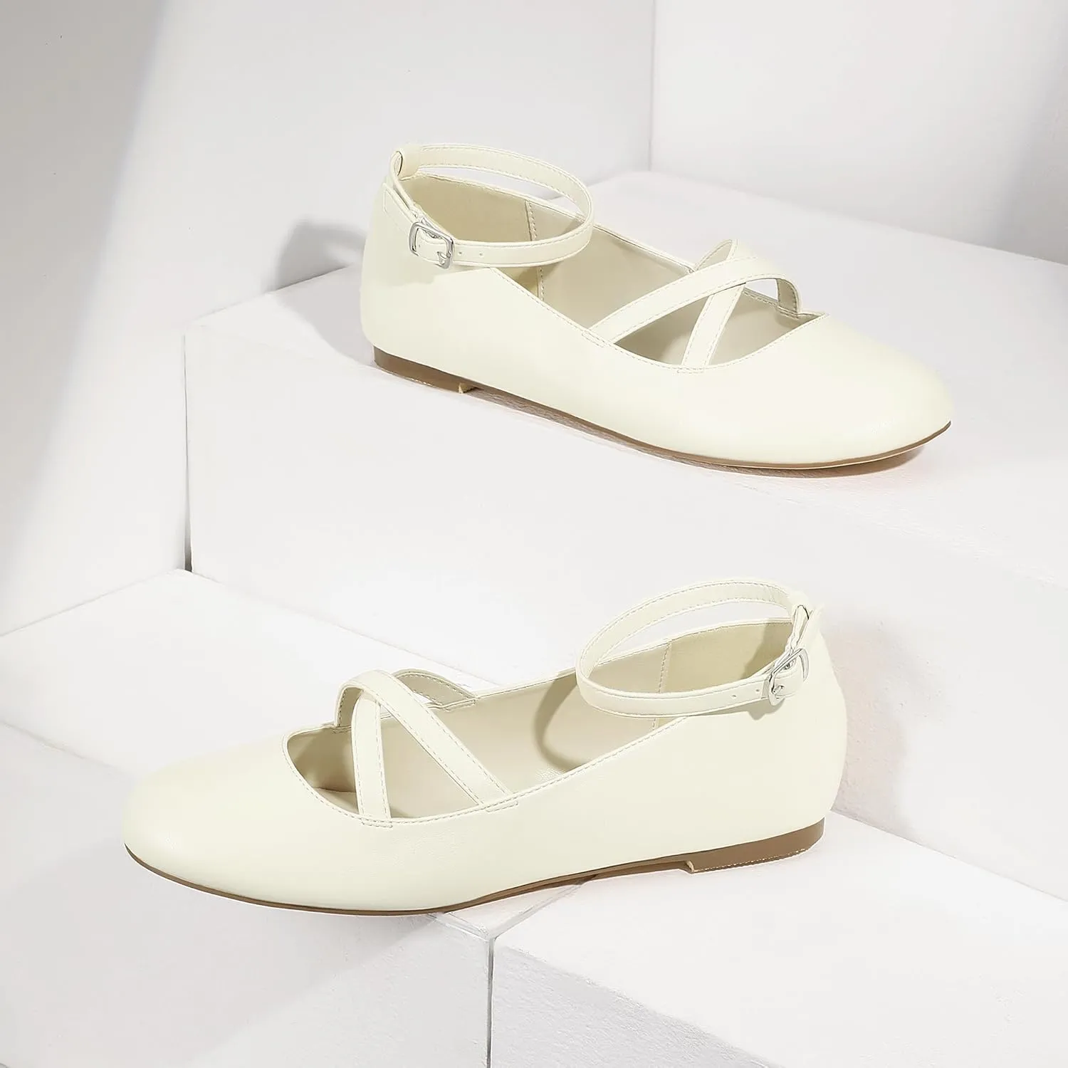 Mofri ShowHow Womens Mary Jane Flats Round Toe Mary Jane Shoes Ankle Strap Ballet Flats Shoes Wedding Casual Office Dress Shoes