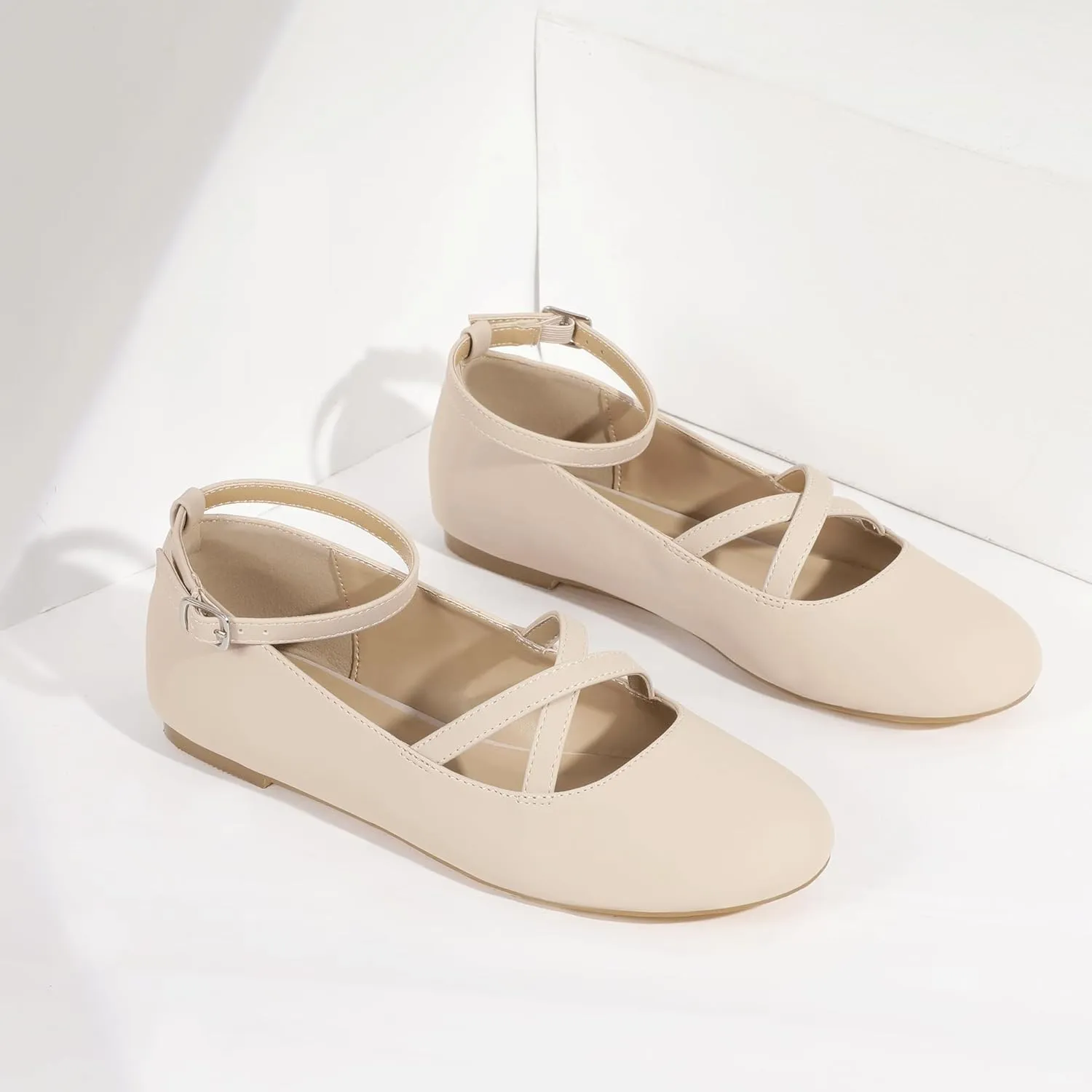 Mofri ShowHow Womens Mary Jane Flats Round Toe Mary Jane Shoes Ankle Strap Ballet Flats Shoes Wedding Casual Office Dress Shoes