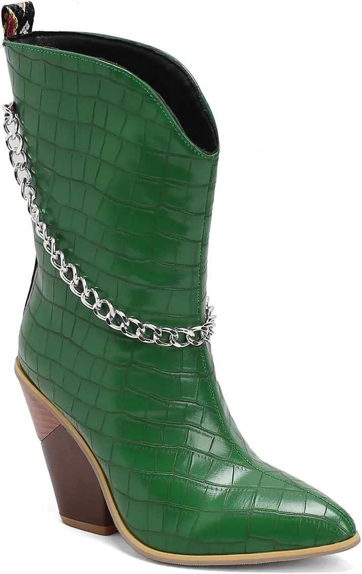 MOOMMO Women Chunky Stacked Heel Western Mid Calf Boots Pointed Toe Pull On Cowboy Cowgirl Boots Metal Chain Snakeskin Crocodile Boots Animal Print V Cut Fashion Fall Booties Party Office 4-15 M US