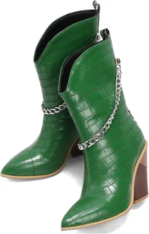 MOOMMO Women Chunky Stacked Heel Western Mid Calf Boots Pointed Toe Pull On Cowboy Cowgirl Boots Metal Chain Snakeskin Crocodile Boots Animal Print V Cut Fashion Fall Booties Party Office 4-15 M US