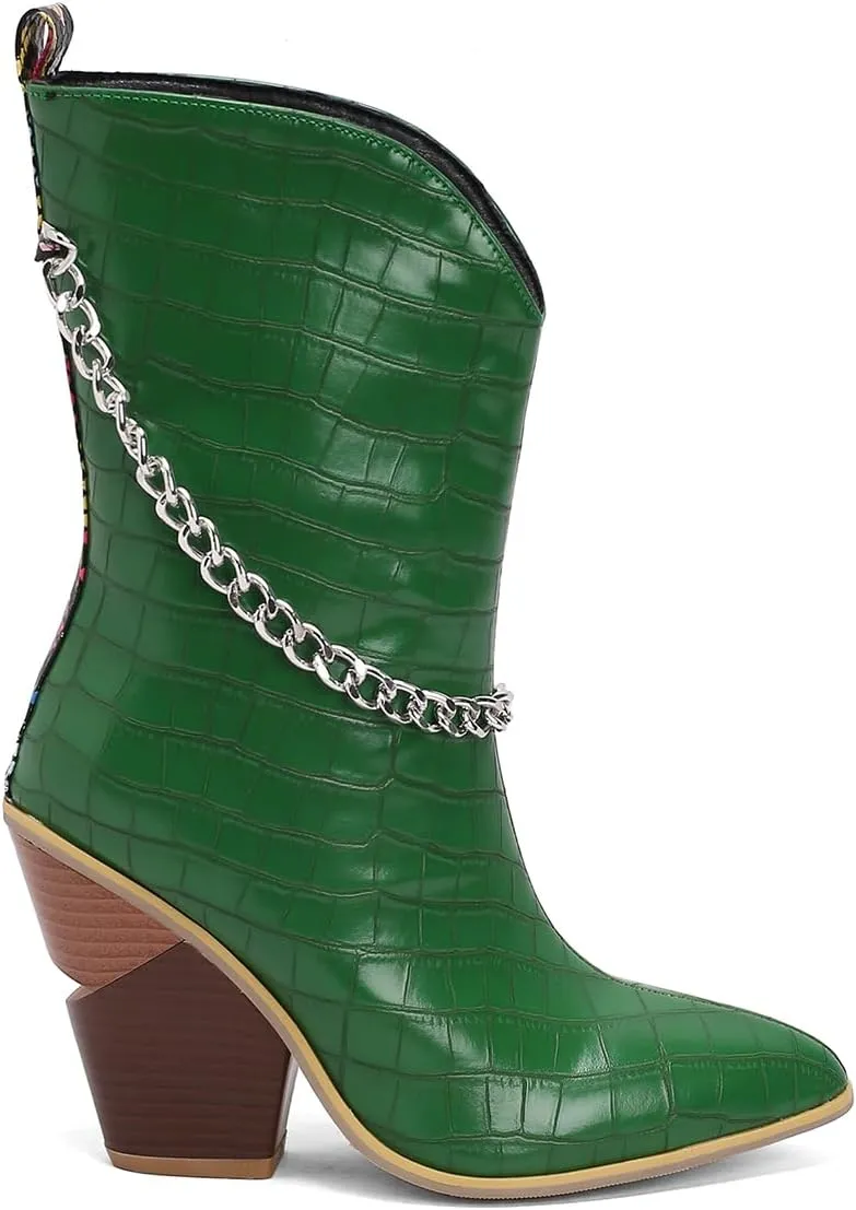 MOOMMO Women Chunky Stacked Heel Western Mid Calf Boots Pointed Toe Pull On Cowboy Cowgirl Boots Metal Chain Snakeskin Crocodile Boots Animal Print V Cut Fashion Fall Booties Party Office 4-15 M US