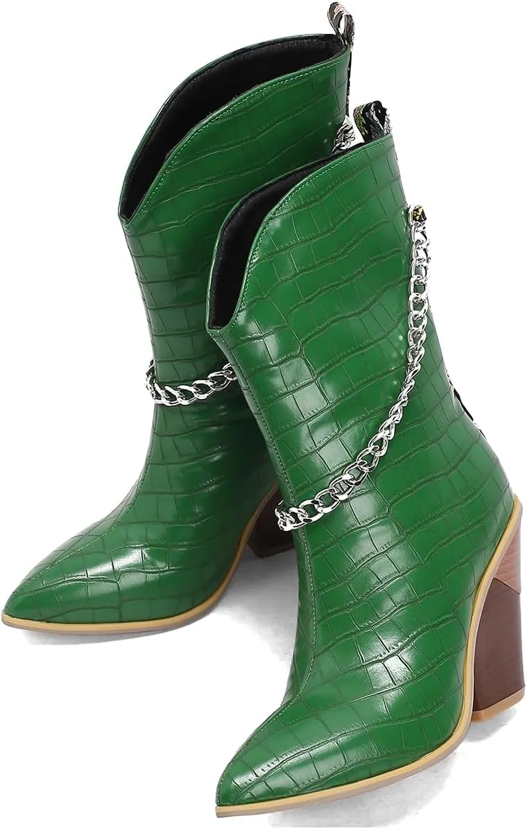 MOOMMO Women Chunky Stacked Heel Western Mid Calf Boots Pointed Toe Pull On Cowboy Cowgirl Boots Metal Chain Snakeskin Crocodile Boots Animal Print V Cut Fashion Fall Booties Party Office 4-15 M US