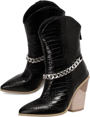 MOOMMO Women Chunky Stacked High Heel Western Boots Mid Calf Pointed Toe Back Zipper Cowboy Cowgirl Short Boots Metal Chain Snakeskin Crocodile Boots Animal Print V Cut Fashion Fall Booties 4-15 M US