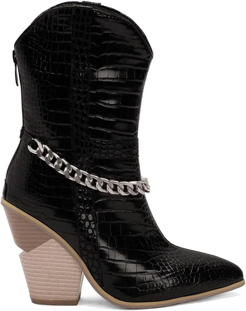 MOOMMO Women Chunky Stacked High Heel Western Boots Mid Calf Pointed Toe Back Zipper Cowboy Cowgirl Short Boots Metal Chain Snakeskin Crocodile Boots Animal Print V Cut Fashion Fall Booties 4-15 M US
