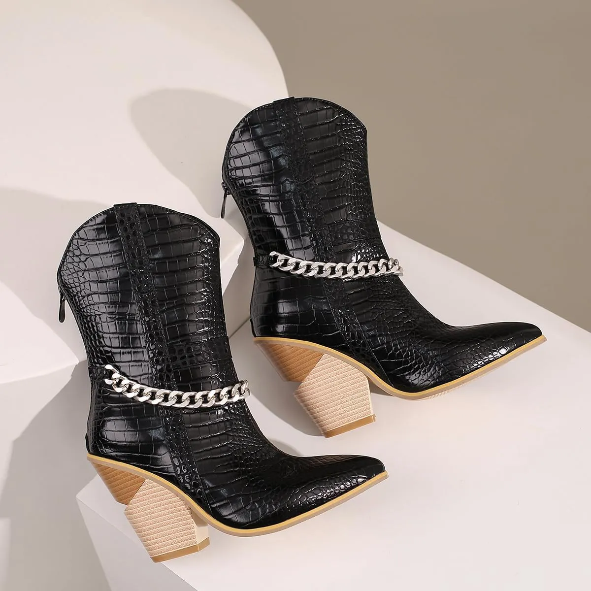 MOOMMO Women Chunky Stacked High Heel Western Boots Mid Calf Pointed Toe Back Zipper Cowboy Cowgirl Short Boots Metal Chain Snakeskin Crocodile Boots Animal Print V Cut Fashion Fall Booties 4-15 M US