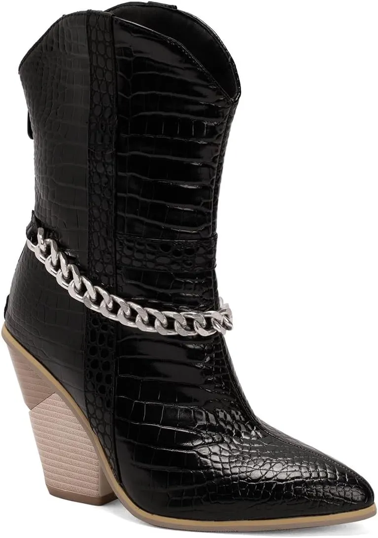 MOOMMO Women Chunky Stacked High Heel Western Boots Mid Calf Pointed Toe Back Zipper Cowboy Cowgirl Short Boots Metal Chain Snakeskin Crocodile Boots Animal Print V Cut Fashion Fall Booties 4-15 M US