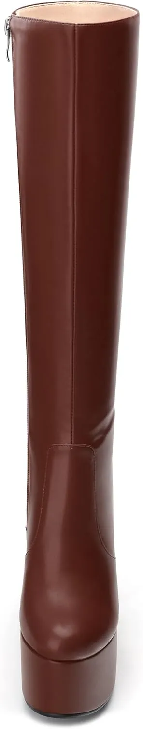 MOVINSTEPS Platform Knee High Boots for Women Chunky Heel Zipper Round Toe Long Boots Elegant Classic Fashion Tall Boots 6 Inch