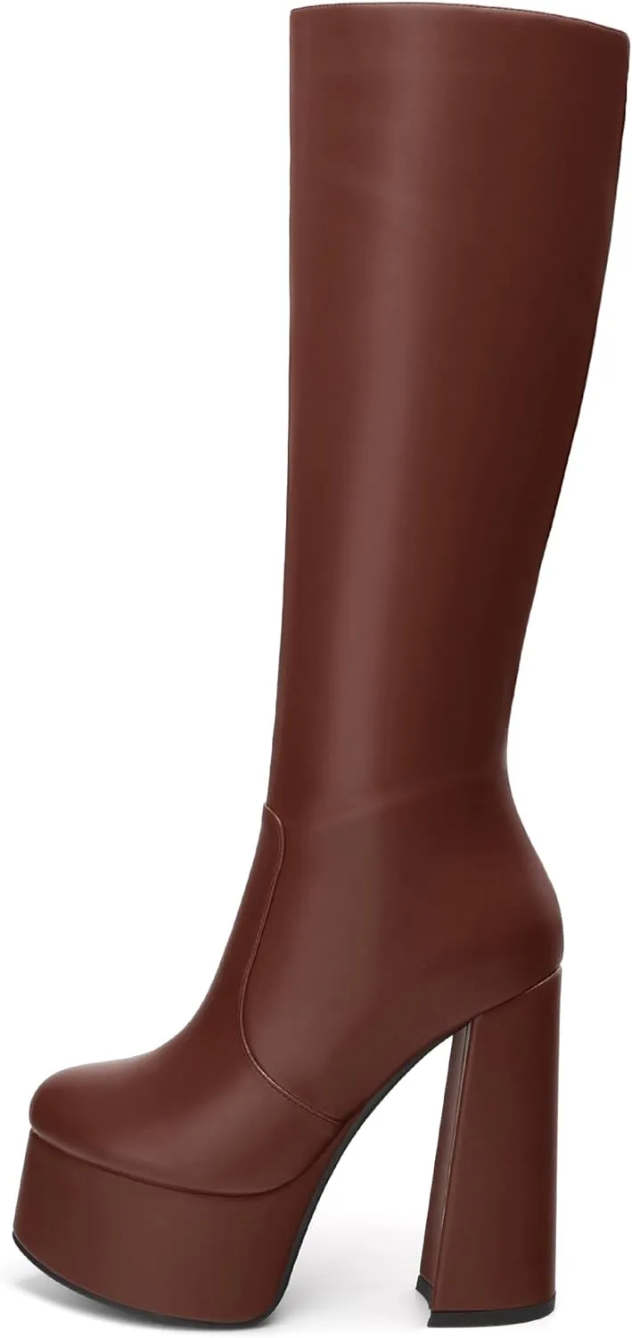 MOVINSTEPS Platform Knee High Boots for Women Chunky Heel Zipper Round Toe Long Boots Elegant Classic Fashion Tall Boots 6 Inch