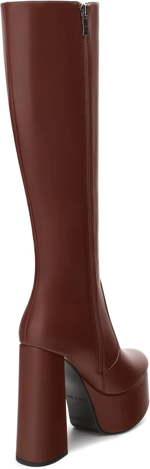 MOVINSTEPS Platform Knee High Boots for Women Chunky Heel Zipper Round Toe Long Boots Elegant Classic Fashion Tall Boots 6 Inch