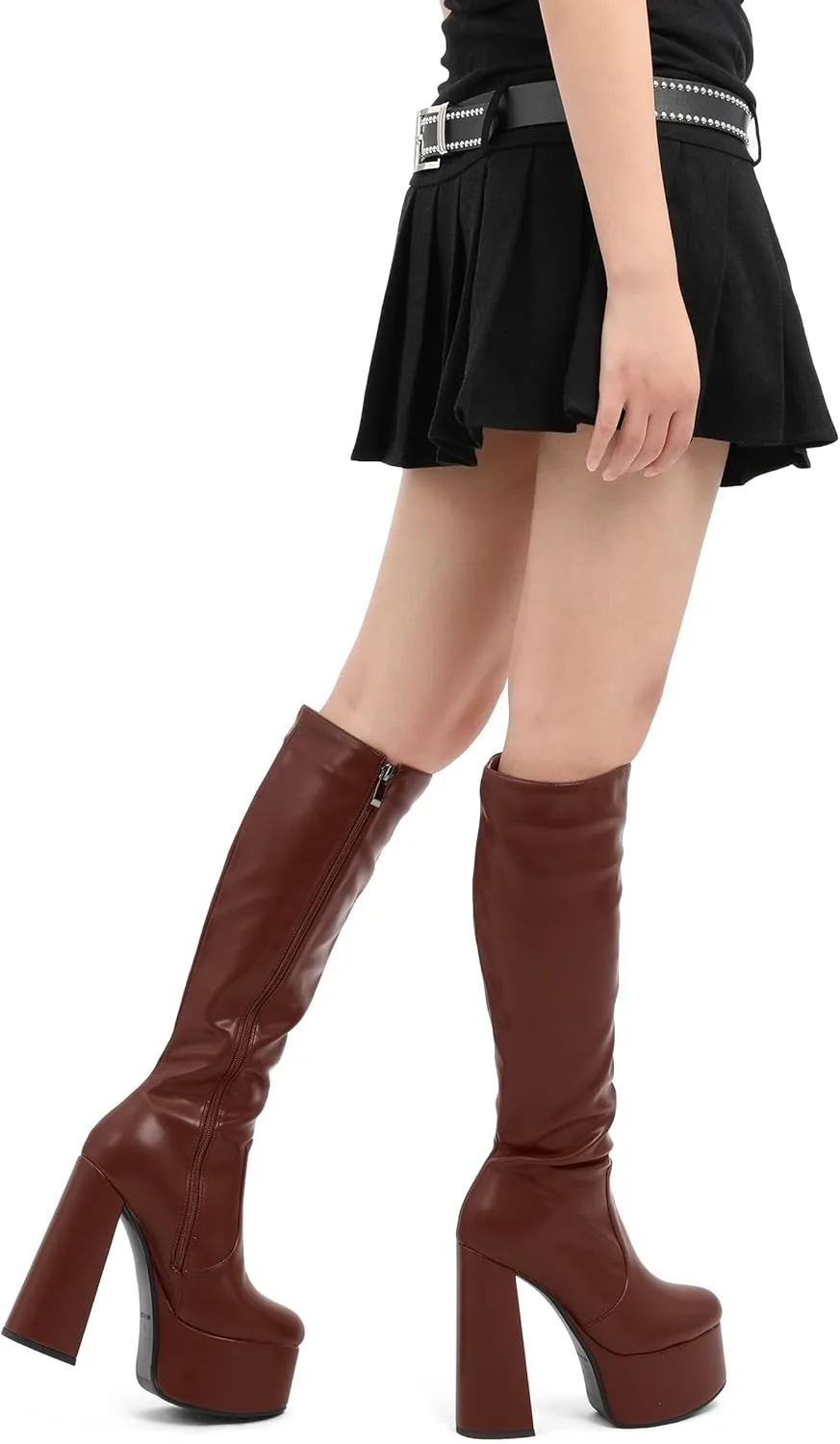 MOVINSTEPS Platform Knee High Boots for Women Chunky Heel Zipper Round Toe Long Boots Elegant Classic Fashion Tall Boots 6 Inch