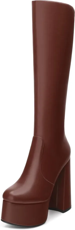 MOVINSTEPS Platform Knee High Boots for Women Chunky Heel Zipper Round Toe Long Boots Elegant Classic Fashion Tall Boots 6 Inch