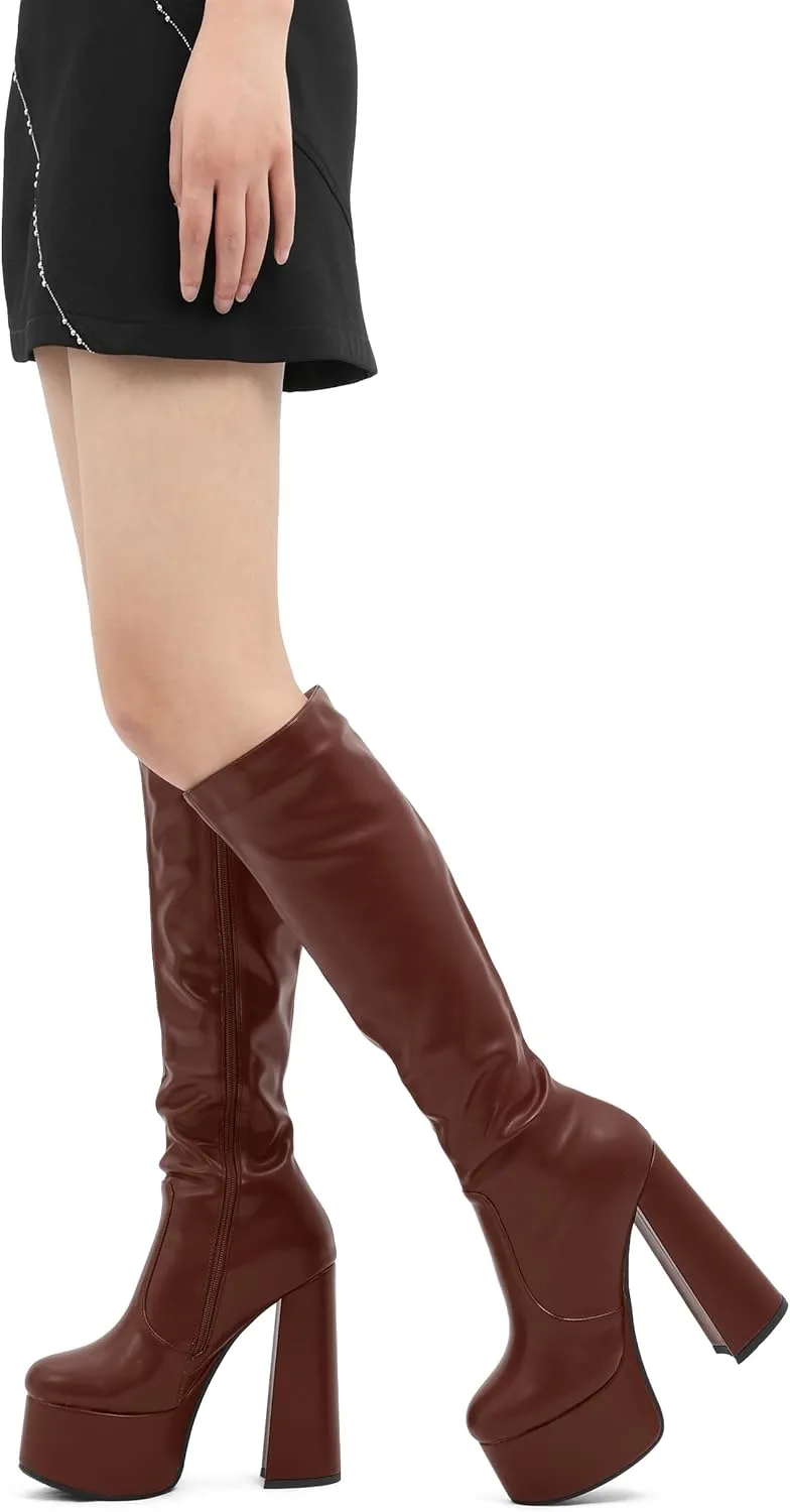 MOVINSTEPS Platform Knee High Boots for Women Chunky Heel Zipper Round Toe Long Boots Elegant Classic Fashion Tall Boots 6 Inch