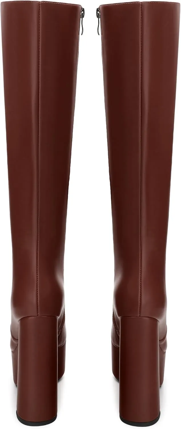 MOVINSTEPS Platform Knee High Boots for Women Chunky Heel Zipper Round Toe Long Boots Elegant Classic Fashion Tall Boots 6 Inch