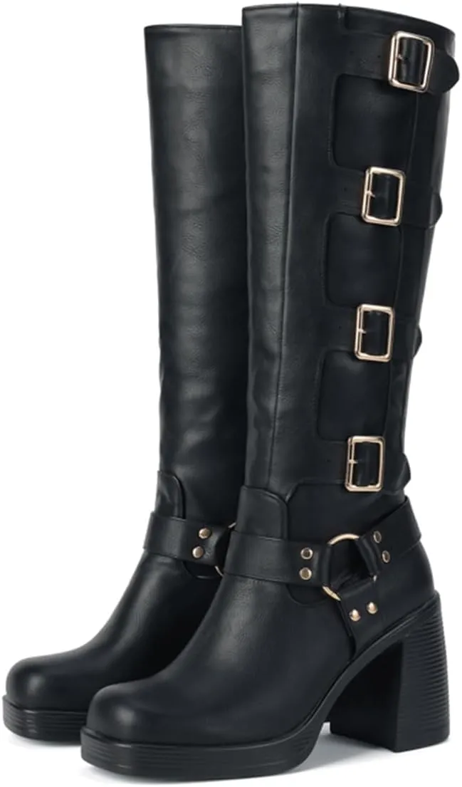 MRKEWUNEY Fashion Chunky Heel Mid Calf Boots for Women Buckle Motorcycle Boots