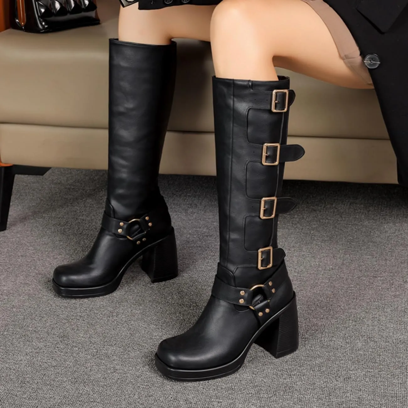 MRKEWUNEY Fashion Chunky Heel Mid Calf Boots for Women Buckle Motorcycle Boots