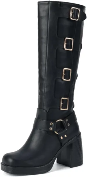 MRKEWUNEY Fashion Chunky Heel Mid Calf Boots for Women Buckle Motorcycle Boots