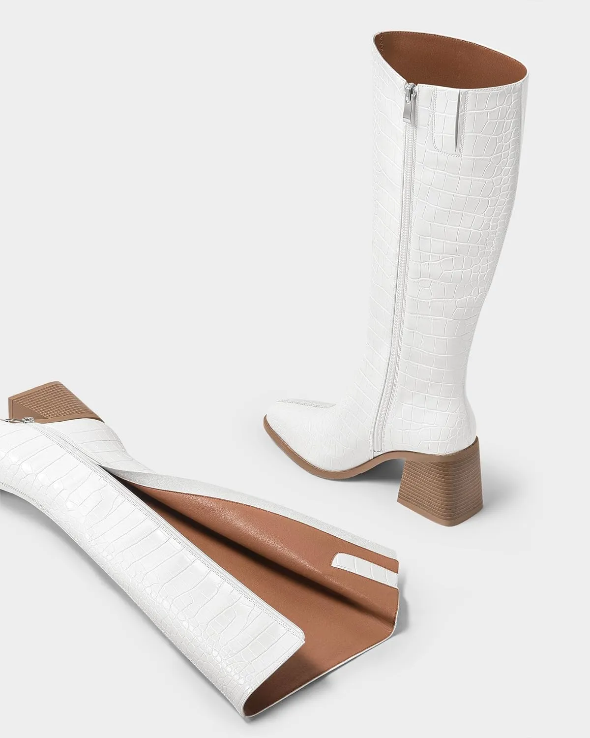 MUCCCUTE Knee High Boots for Women - Chunky Heel Square Toe Boots Side Zipper PU with Crocodile Pattern Tall Boots Pull On