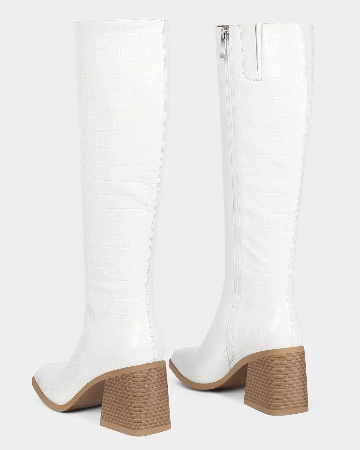 MUCCCUTE Knee High Boots for Women - Chunky Heel Square Toe Boots Side Zipper PU with Crocodile Pattern Tall Boots Pull On