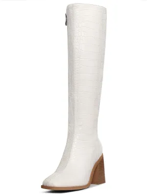 MUCCCUTE Knee High Boots for Women - Chunky Heel Square Toe Boots Side Zipper PU with Crocodile Pattern Tall Boots Pull On