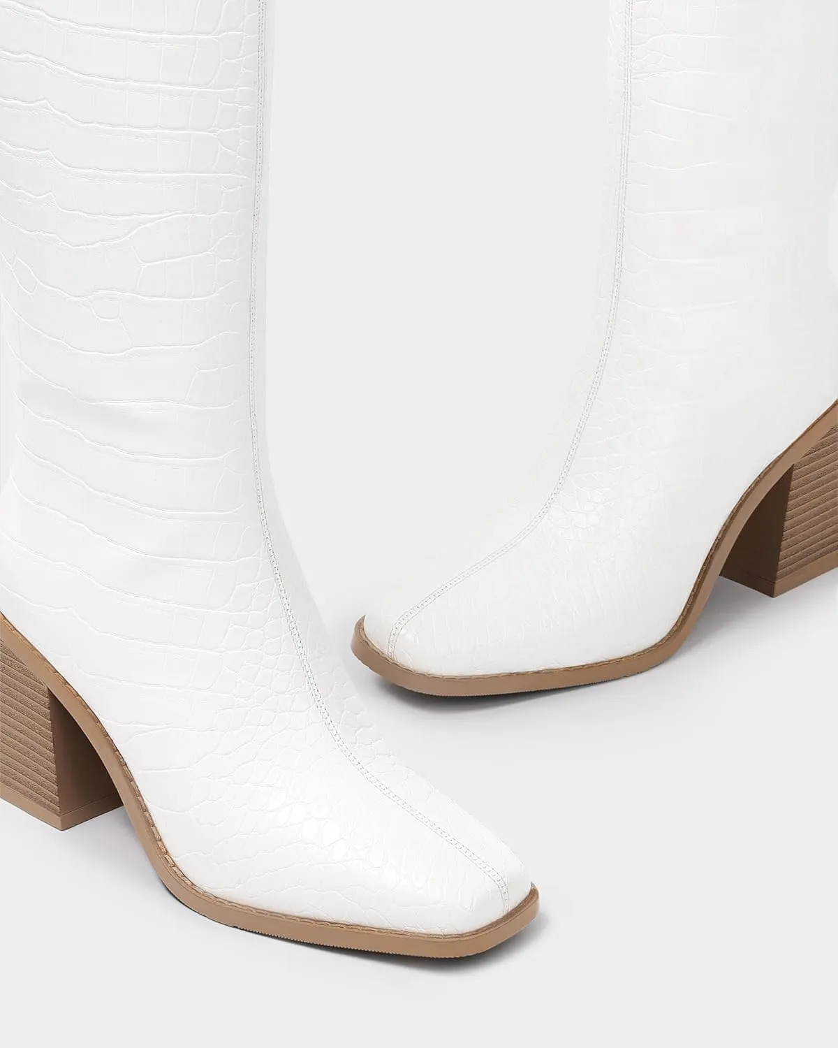 MUCCCUTE Knee High Boots for Women - Chunky Heel Square Toe Boots Side Zipper PU with Crocodile Pattern Tall Boots Pull On