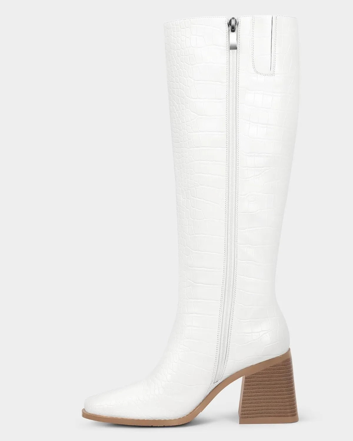 MUCCCUTE Knee High Boots for Women - Chunky Heel Square Toe Boots Side Zipper PU with Crocodile Pattern Tall Boots Pull On