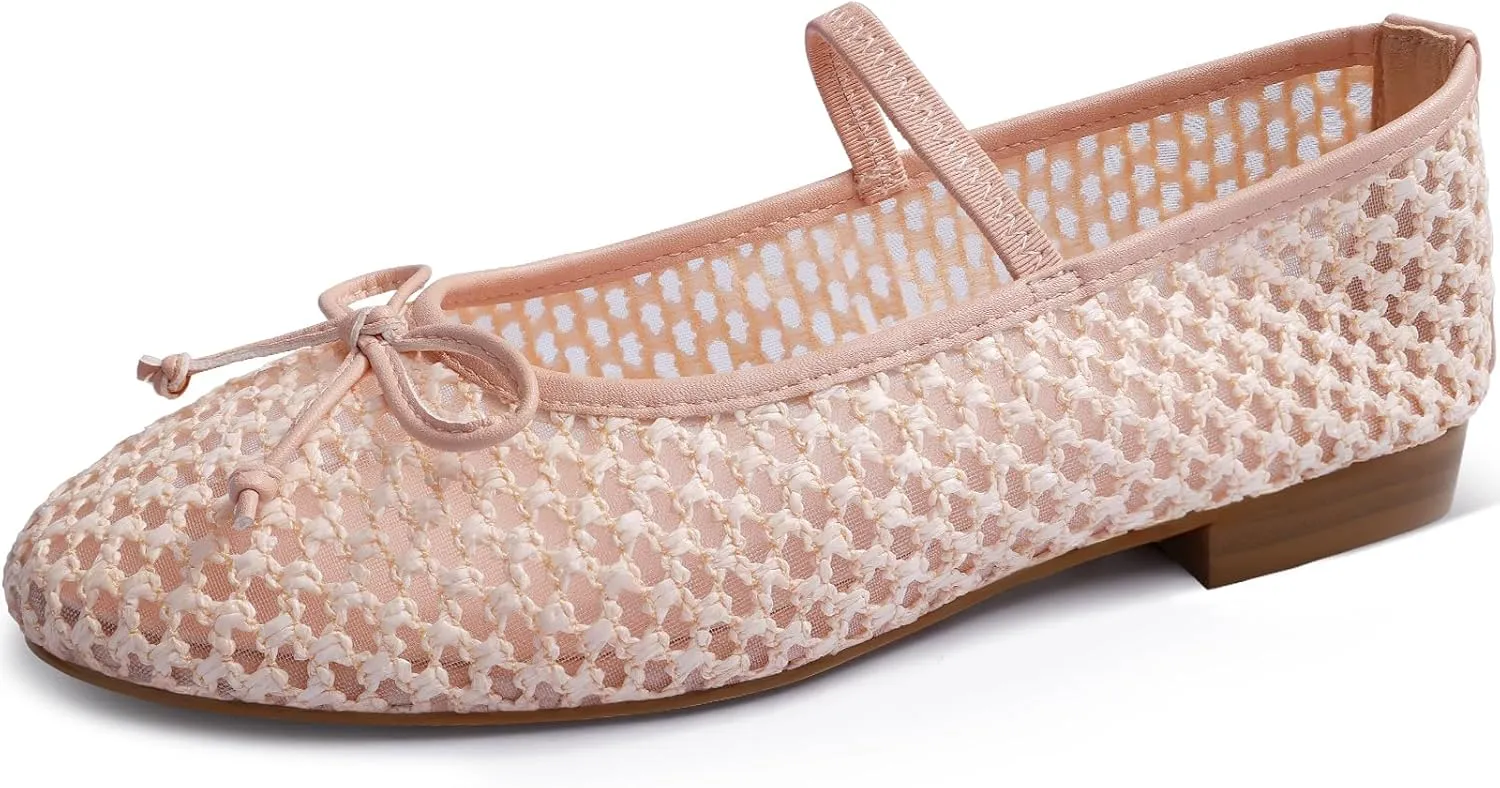 MUCCCUTE Mesh Ballet Flats for Women Round Toe Mesh Mary Jane Flats Shoes with Strap Ballerina Shoes Casual Dressy Office