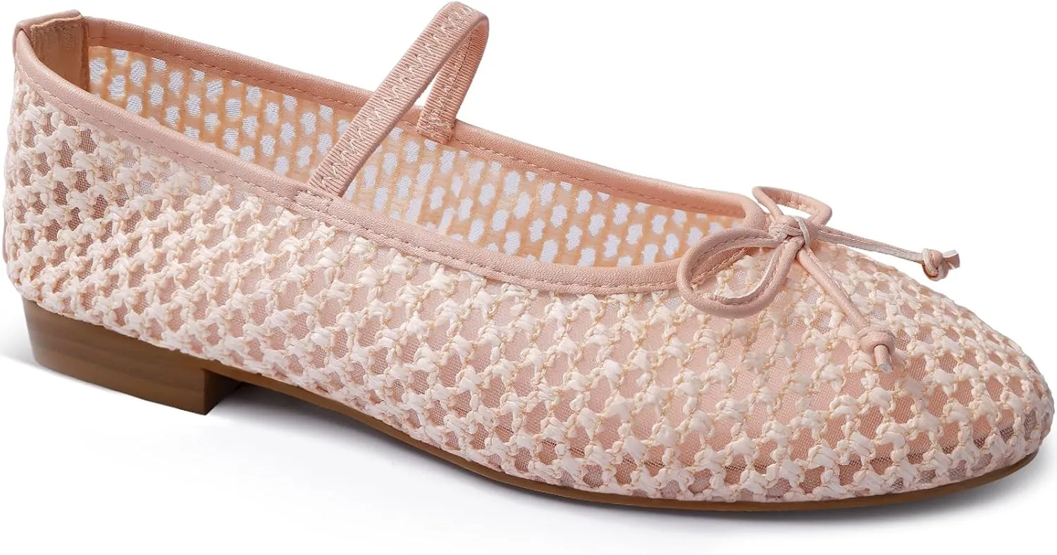 MUCCCUTE Mesh Ballet Flats for Women Round Toe Mesh Mary Jane Flats Shoes with Strap Ballerina Shoes Casual Dressy Office