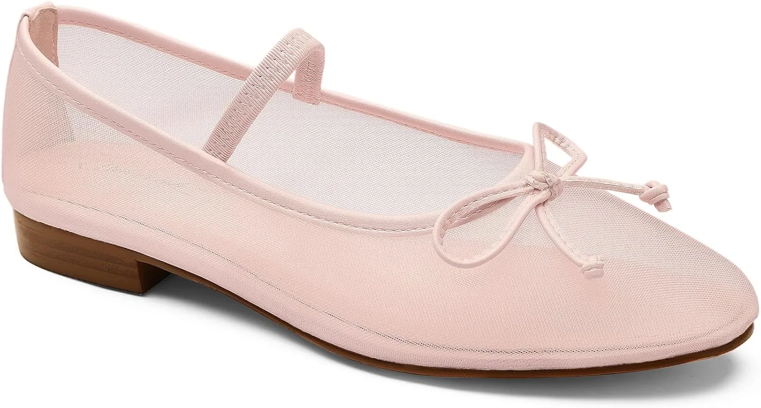 MUCCCUTE Mesh Ballet Flats for Women Round Toe Mesh Mary Jane Flats Shoes with Strap Ballerina Shoes Casual Dressy Office