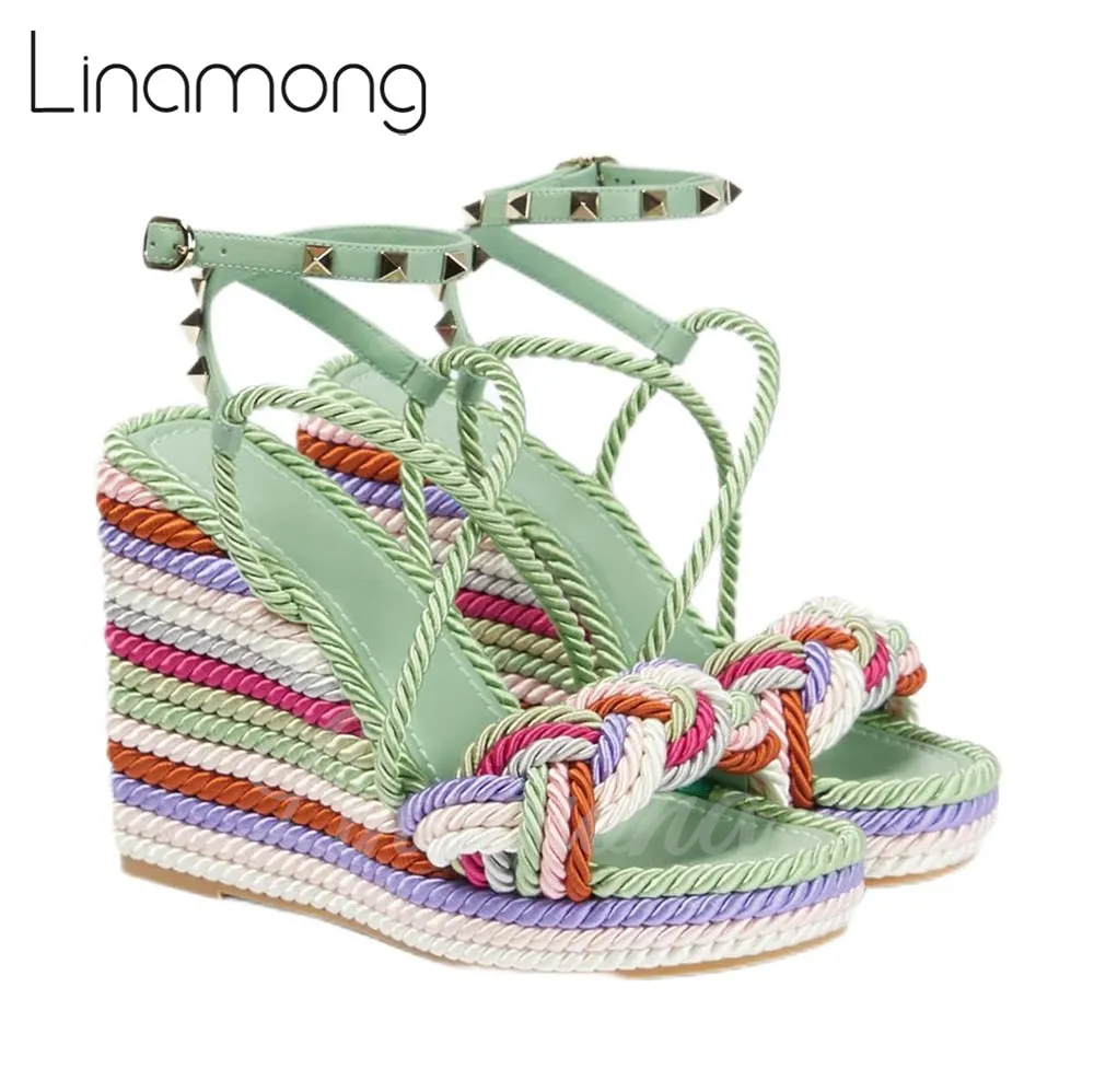 Multicolor Hemp Rope Rivet Espadrilles Strap Platform Wedge Summer Sandals for Women Designer Style Fashion Sandals