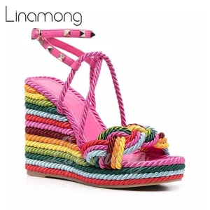 Multicolor Hemp Rope Rivet Espadrilles Strap Platform Wedge Summer Sandals for Women Designer Style Fashion Sandals
