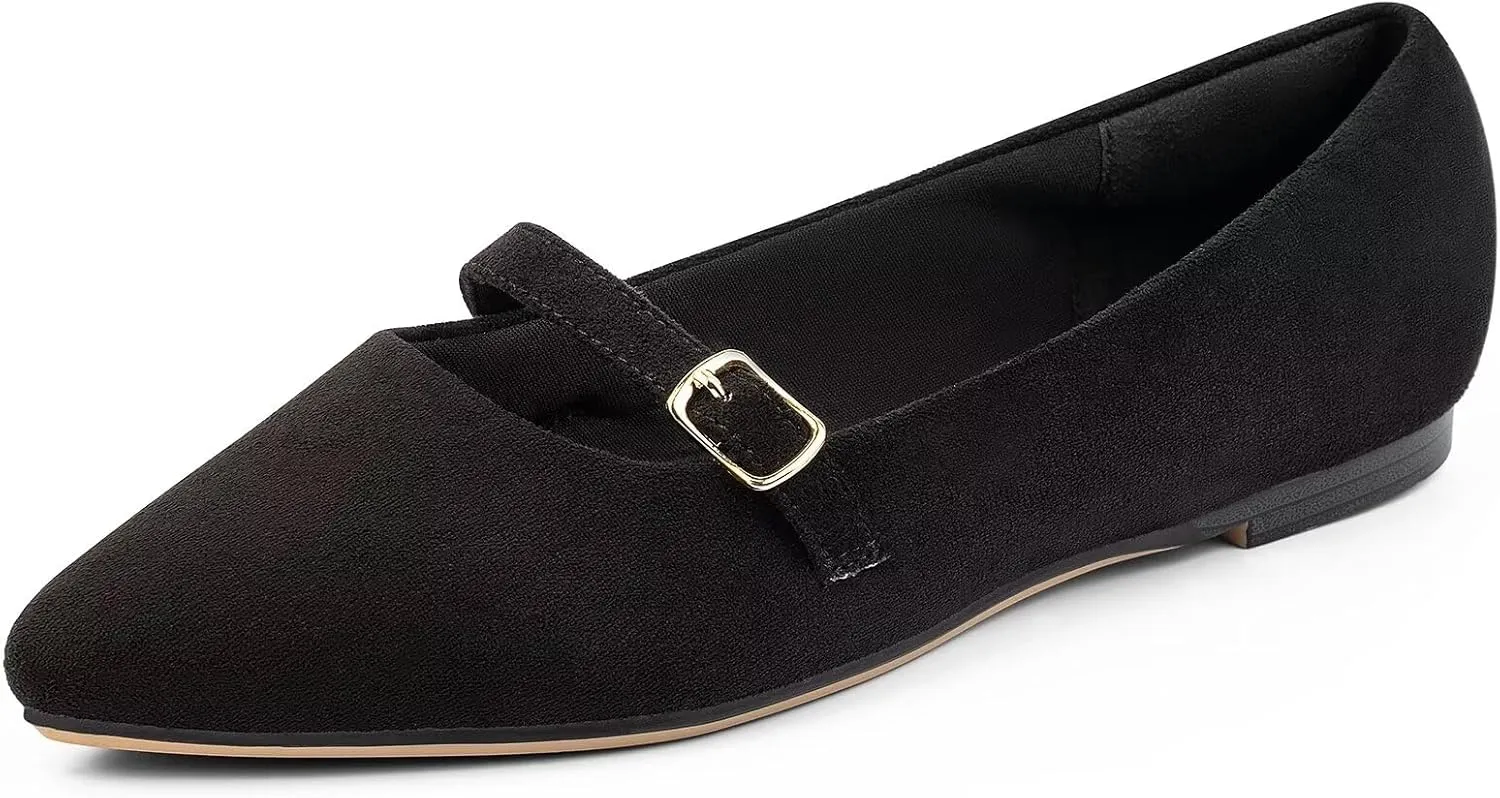 MUSSHOE Women Flats Comfortable Pointed Toe Flats Shoes with Strap PU Leather Slip on Shoes for Women