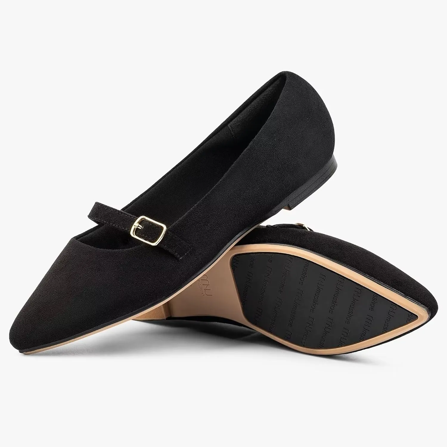 MUSSHOE Women Flats Comfortable Pointed Toe Flats Shoes with Strap PU Leather Slip on Shoes for Women