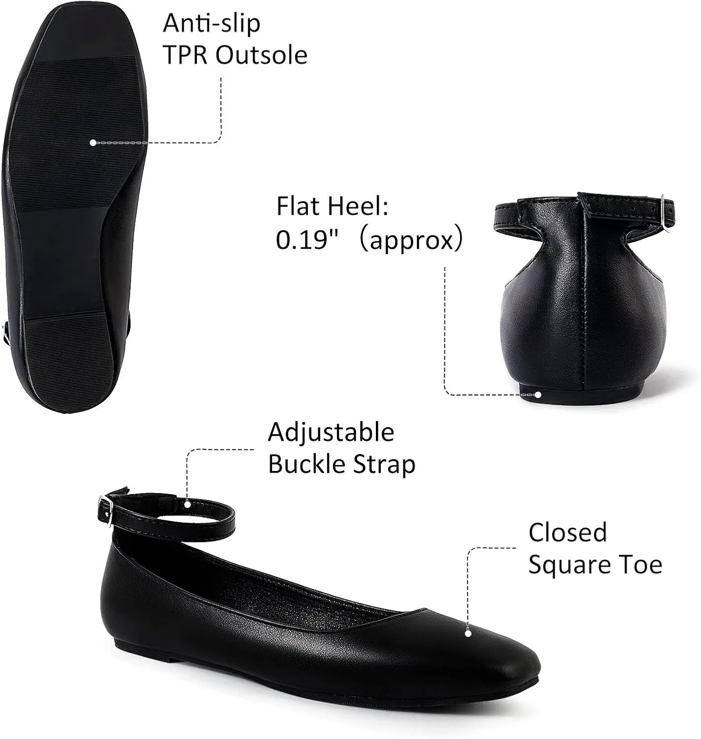 MUSSHOE Women's Ballet Flats Mary Jane Shoes, Square Toe Ballet Flats Shoes, Women's Ankle Strap Flats Shoes, Flats for Women Dressy with Adjustable Buckle
