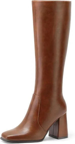 mysoft Women's Knee High Boots Block Chunky Heel Square Toe Tall Boots Side Zipper Long Dress Boots