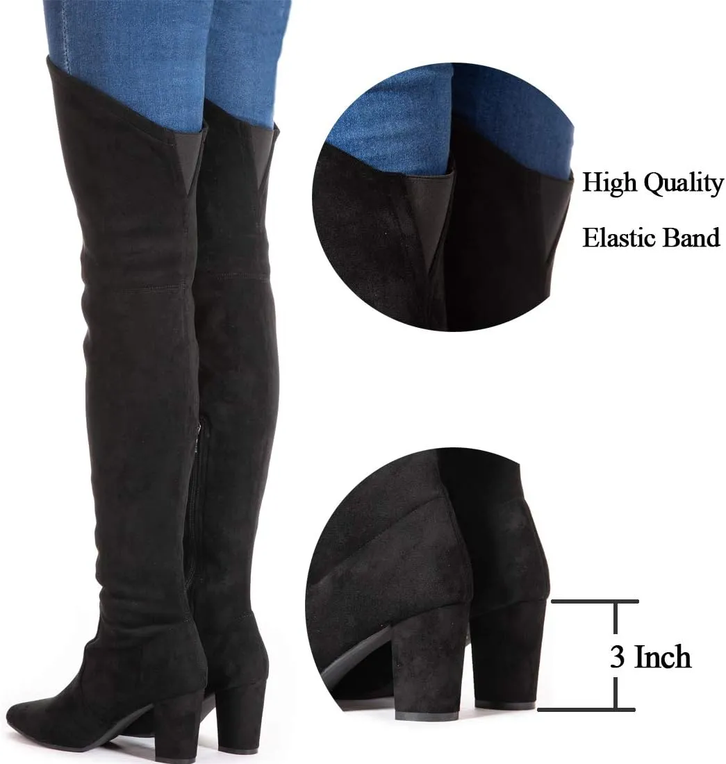 N.N.G Women Over the Knee Boots Thigh High Suede Black Long Block Winter Chunky Above The Knee Pointed toe Boots