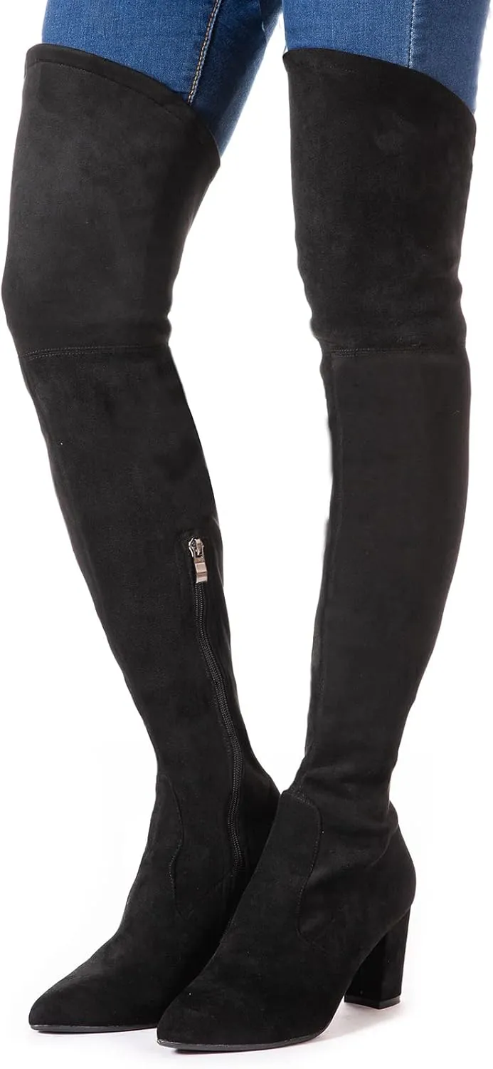 N.N.G Women Over the Knee Boots Thigh High Suede Black Long Block Winter Chunky Above The Knee Pointed toe Boots