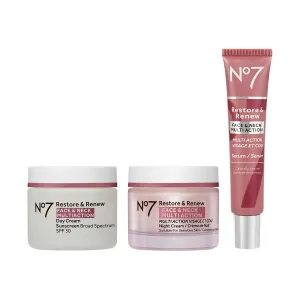 No7 Restore & Renew Face & Neck Multi Action Skincare System - SPF 30 Day Cream with Vitamin C & Collagen Peptides   Anti Aging Facial Serum   Hyaluronic Acid Hydrating Night Cream (3 Piece Kit)