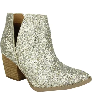 Not Rated Fiera High Heel V-Cut Boot, Sparkly Ankle Boots for Women with Almond Toe, Dress Shoe with 2-3/4" Stacked Block Heel